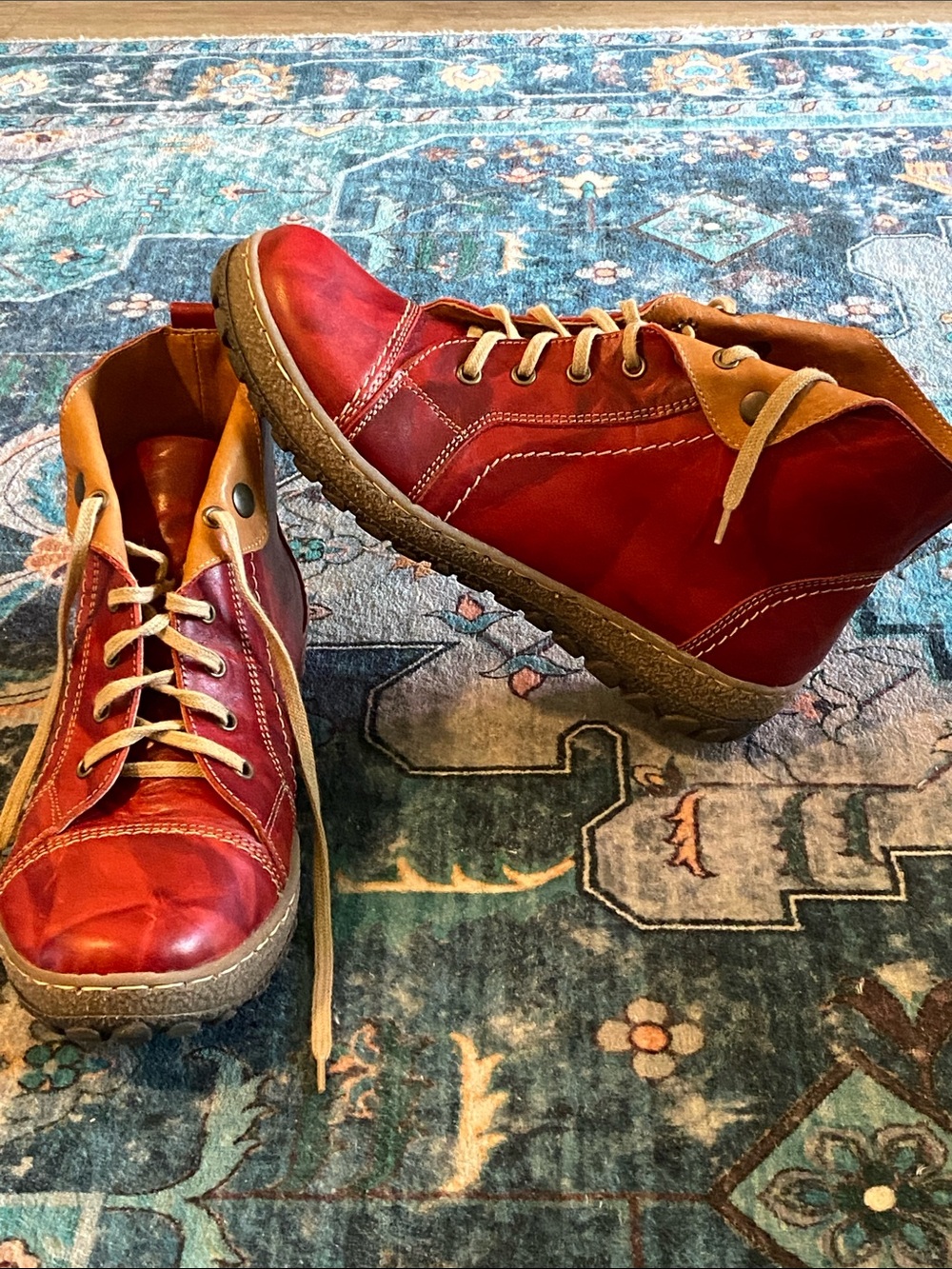 V italia burnished red leather ankle lace up boots